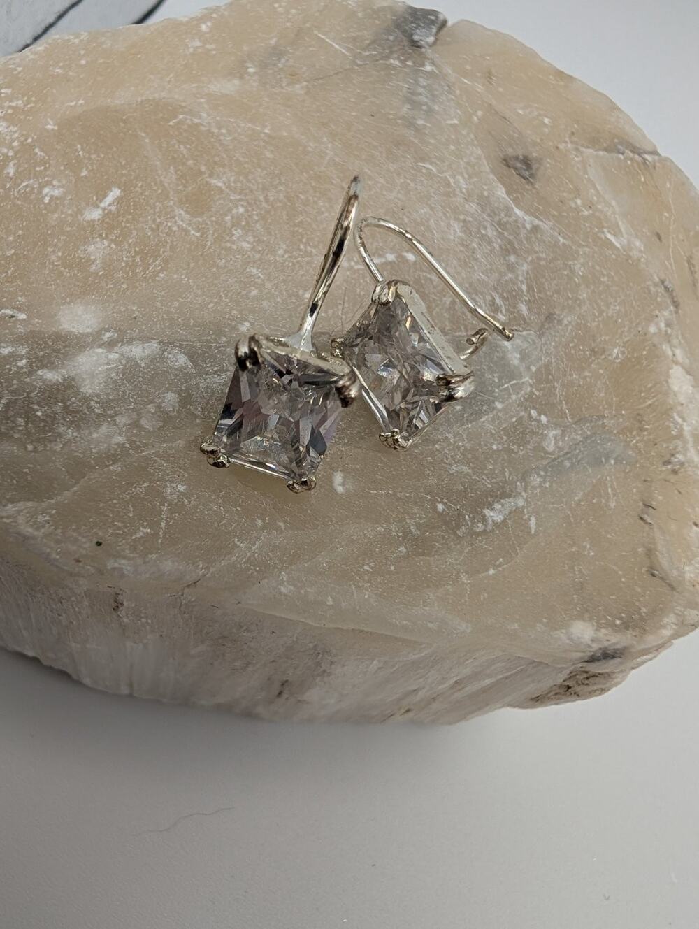 Elegant Square Cut Cubic Zirconia Drop Earrings Sterling Silver Tone Fashion
